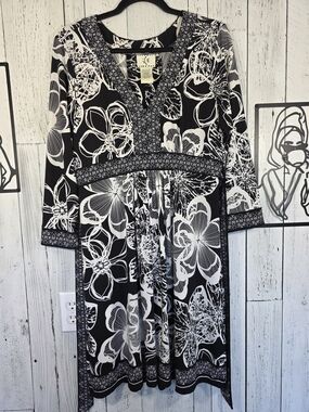 ICE Black White Floral Empire Waist Midi Dress Size 14 Y2K Style